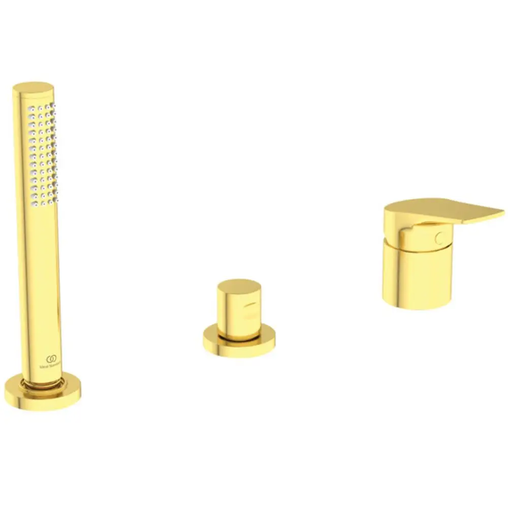 Goldenes Badarmaturenset von Ideal Standard, bestehend aus einem Auslauf mit Handbrause und Steuerung, für den Wannenrand geeignet.